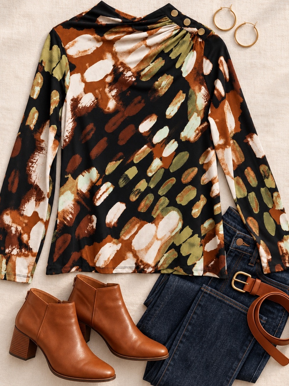 DKNY Abstract Print Draped Neck Blouse Petite Large Black Rust Olive Size PLarge